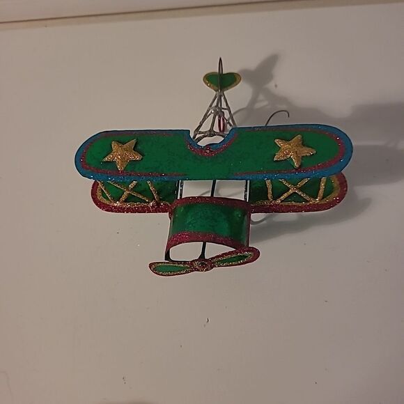 Tin/Glitter Bi Plane Ornament - Picture 1 of 6